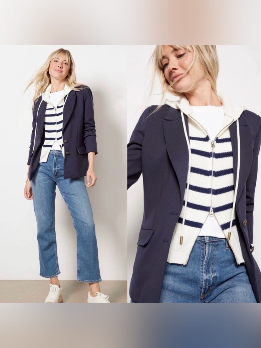 Evereve Central Park West Dawson Nautical Stripe Dickey Blazer Navy Layered XS